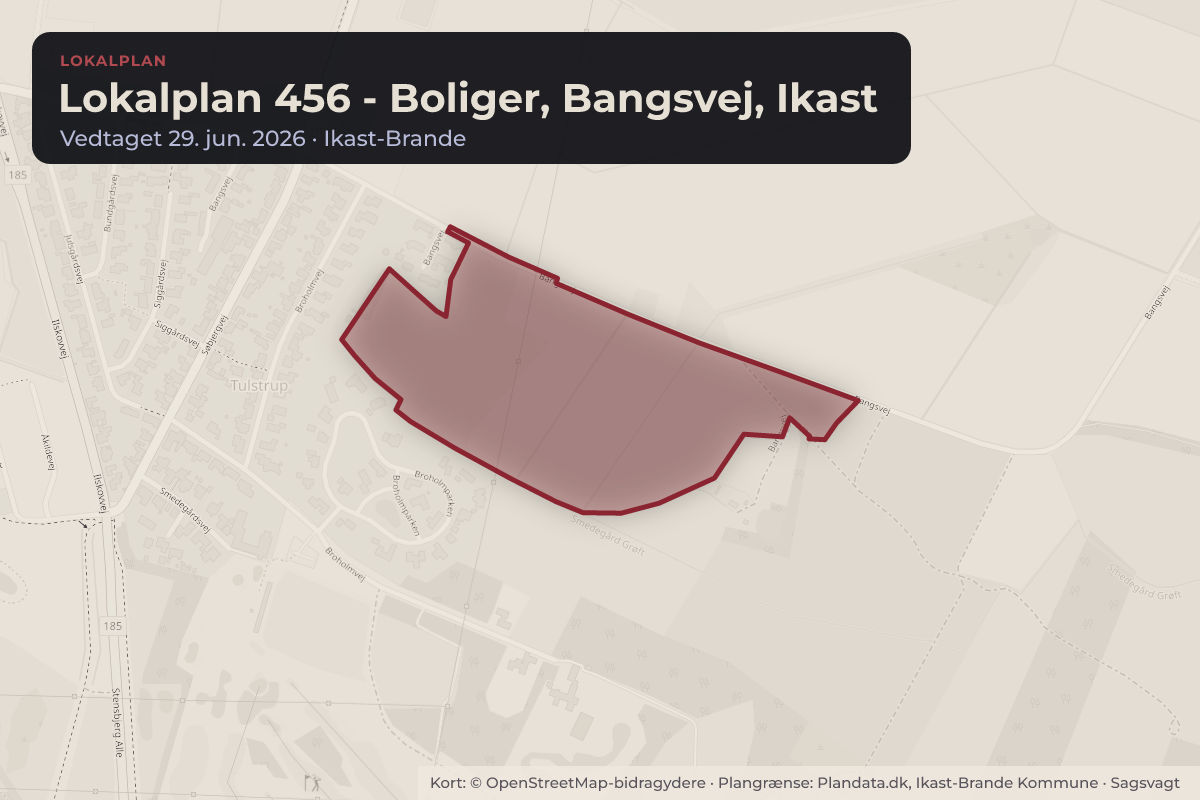 Kort over området for lokalplanen Lokalplan 456 - Boliger, Bangsvej, Ikast