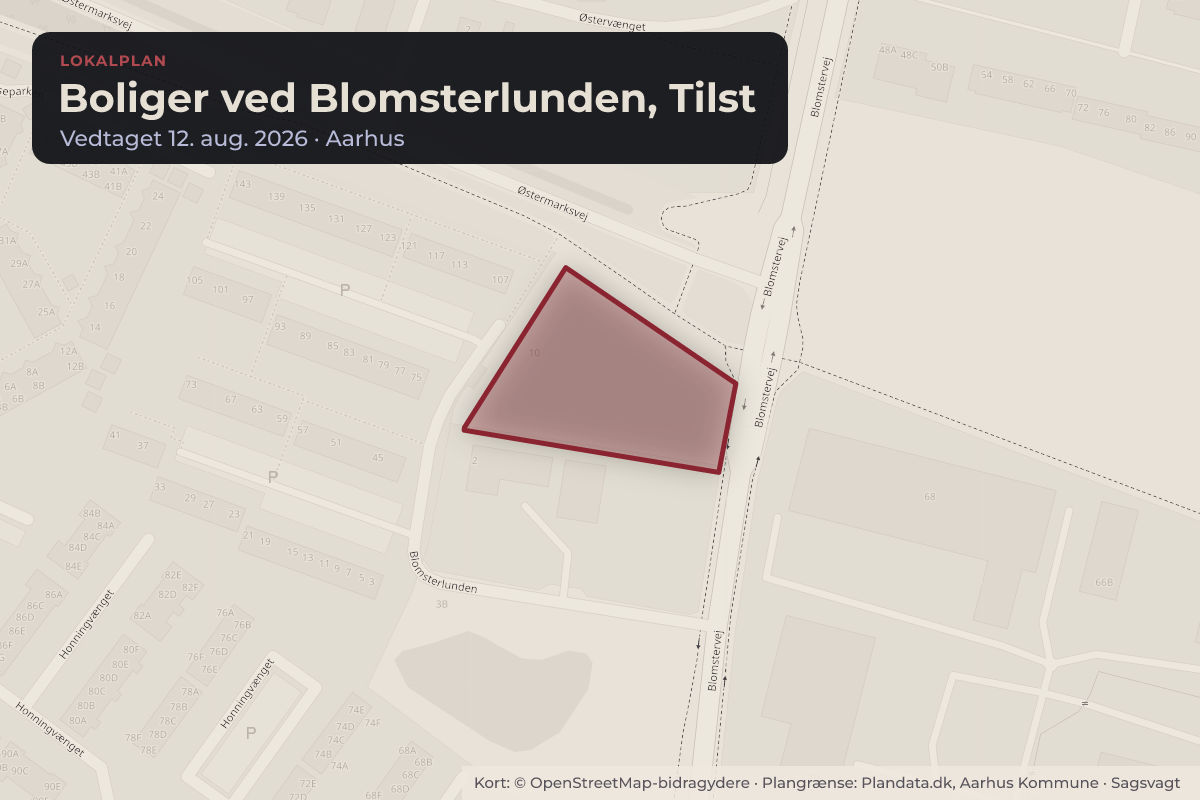 Kort over området for lokalplanen Boliger ved Blomsterlunden, Tilst
