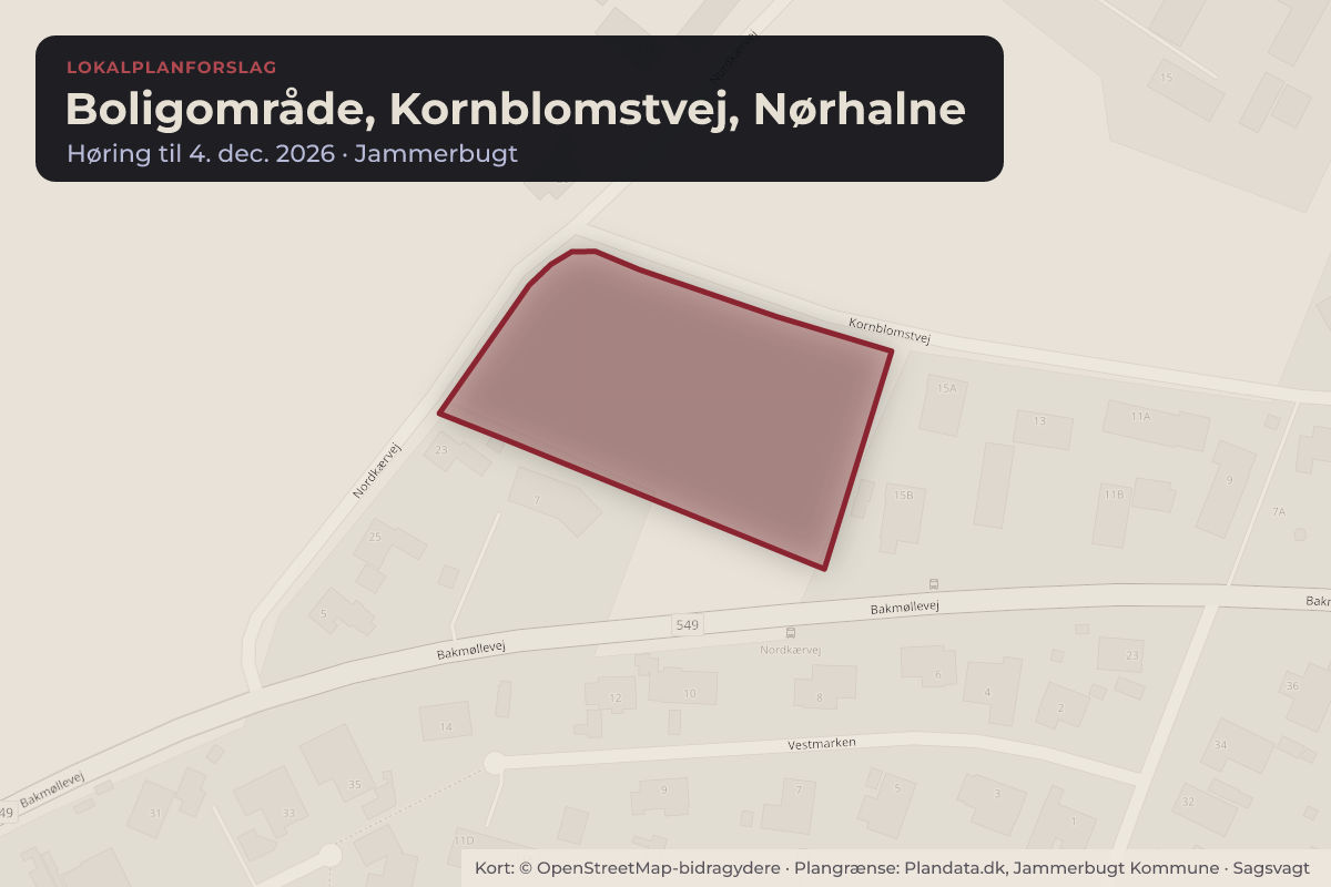 Kort over området for lokalplanforslaget Boligområde, Kornblomstvej, Nørhalne