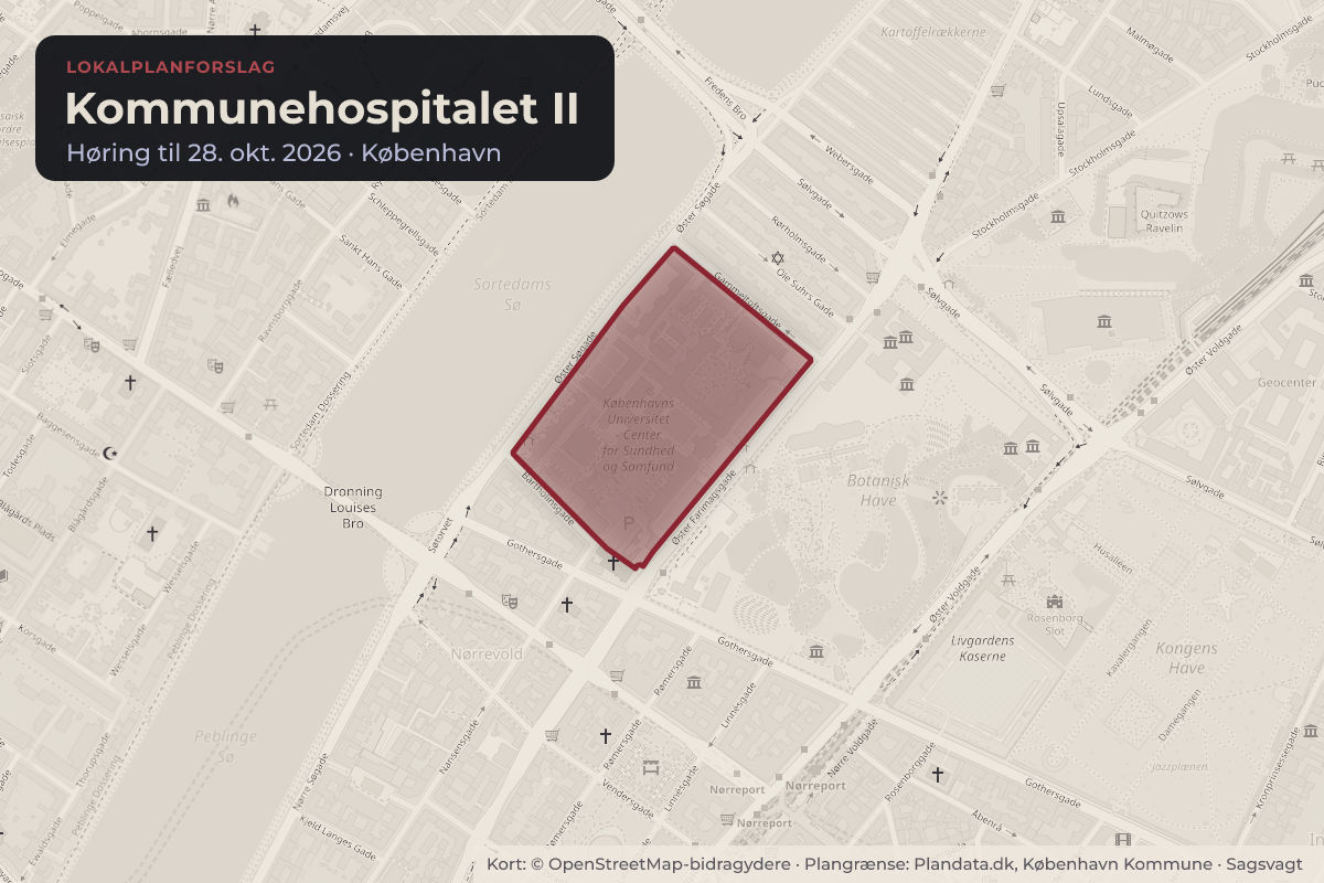 Kort over lokalplanområdet Kommunehospitalet II ved Øster Søgade, markeret med rødt